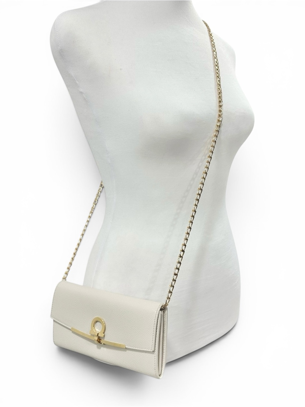 Salvatore Ferragamo Icona Cream White & Gold Leather Long Wallet with ID Insert